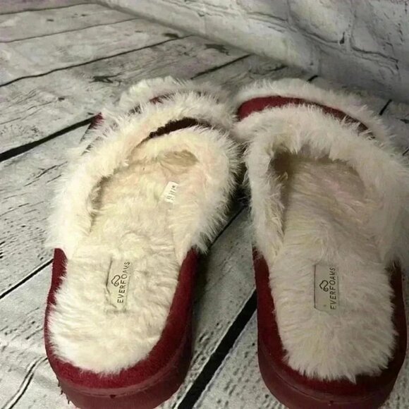 EVER FOAMS WOMENS CROSS BAND SLIPPERS WINE MEMORY FOAM FUR LINING SIZE M 7/8 - Picture 4 of 6
